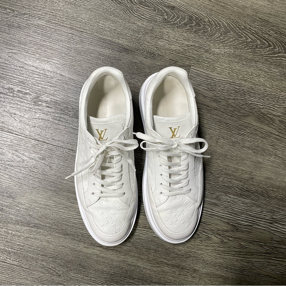Louis Vuitton White Leather Monogram Low-Top Sneakers with Gold LV Accent